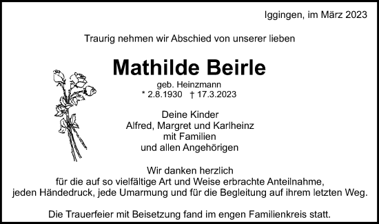 Traueranzeige von Mathilde Beirle von Gmünder Tagespost