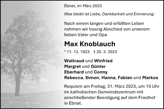 Traueranzeige von Max Knoblauch von Schwäbische Post