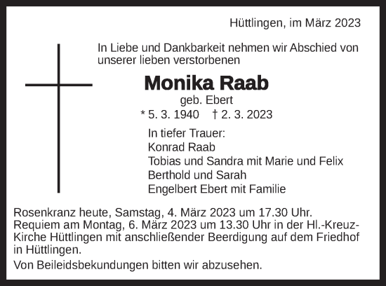 Traueranzeige von Monika Raab von Schwäbische Post