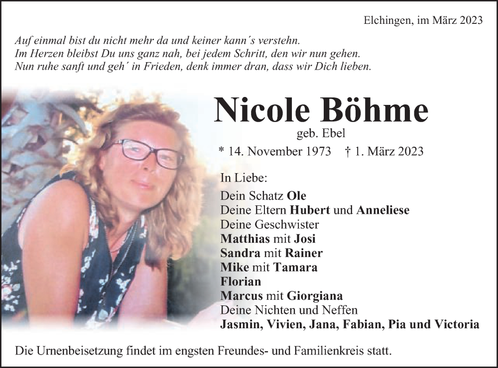  Traueranzeige für Nicole Böhme vom 09.03.2023 aus Schwäbische Post