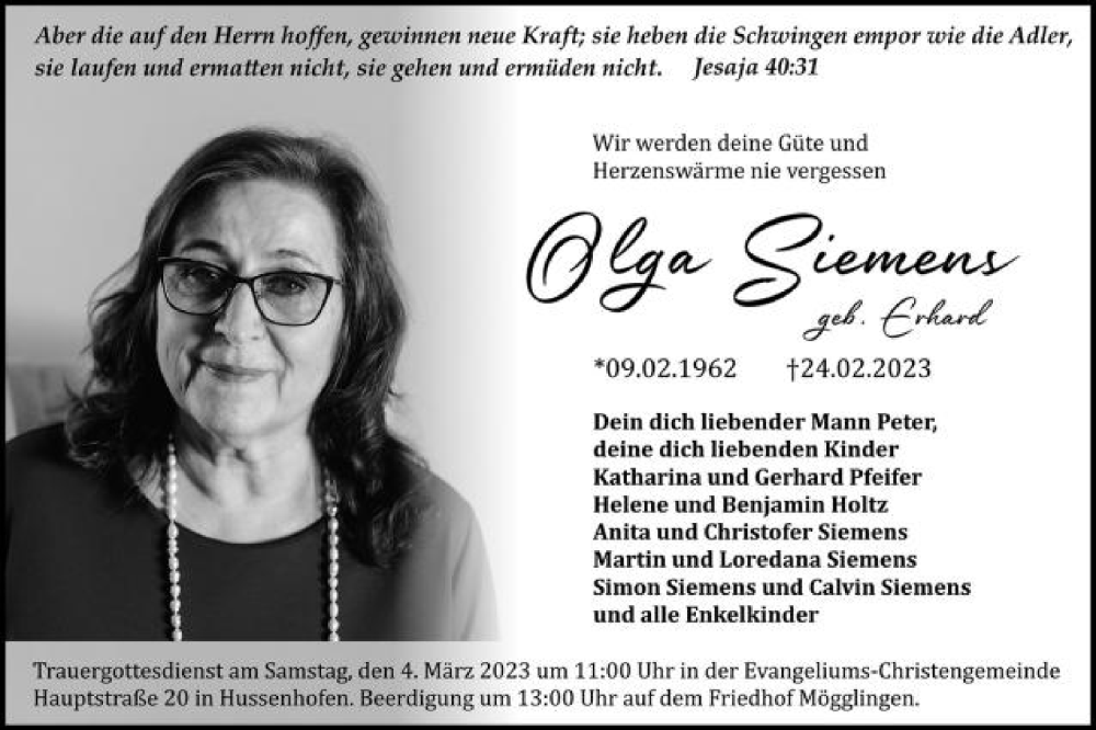  Traueranzeige für Olga Siemens vom 01.03.2023 aus Schwäbische Post