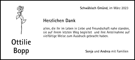 Traueranzeige von Ottilie Bopp von Gmünder Tagespost