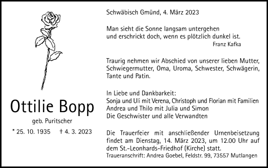 Traueranzeige von Ottilie Bopp von Gmünder Tagespost