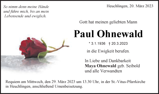 Traueranzeige von Paul Ohnewald von Schwäbische Post