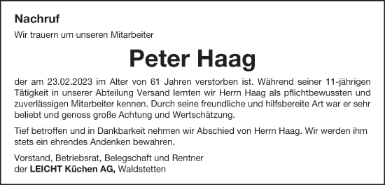 Traueranzeige von Peter Haag von Gmünder Tagespost