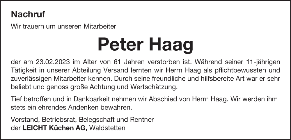  Traueranzeige für Peter Haag vom 07.03.2023 aus Gmünder Tagespost