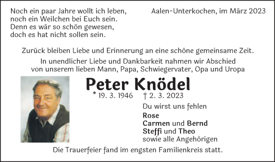 Traueranzeige von Peter Knödel von Schwäbische Post