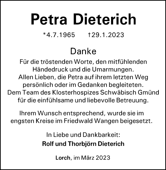 Traueranzeige von Petra Dieterich von Gmünder Tagespost