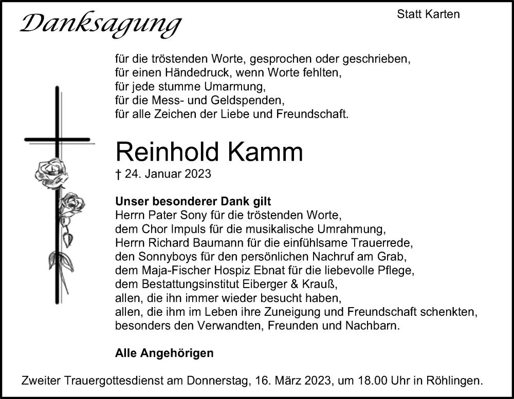  Traueranzeige für Reinhold Kamm vom 13.03.2023 aus Schwäbische Post