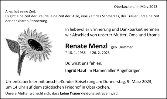 Traueranzeige von Renate Menzl von Schwäbische Post