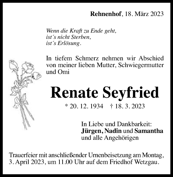 Traueranzeige von Renate Seyfried von Gmünder Tagespost
