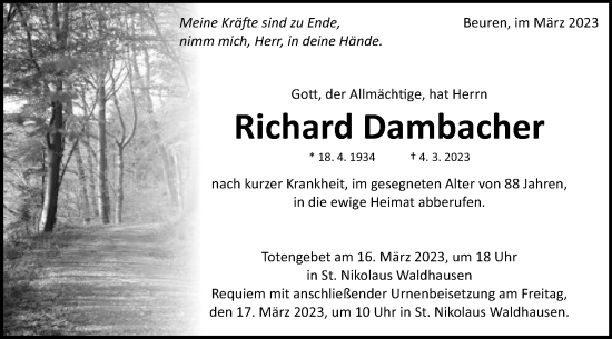 Traueranzeige von Richard Dambacher von Schwäbische Post