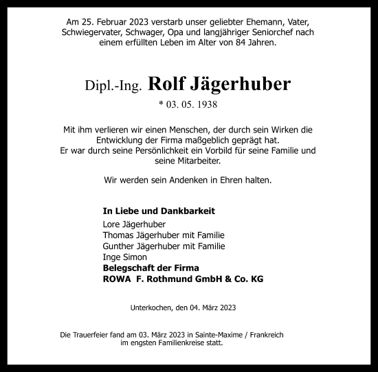 Traueranzeige von Rolf Jägerhuber von Schwäbische Post