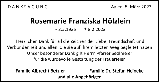 Traueranzeige von Rosemarie Franziska Hölzlein von Schwäbische Post
