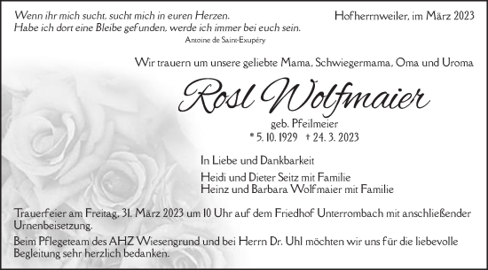Traueranzeige von Rosl Wolfmaier von Schwäbische Post