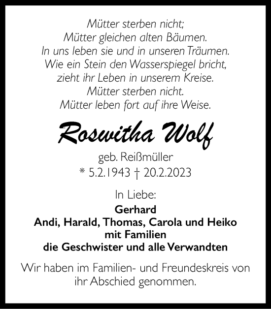 Traueranzeige von Roswitha Wolf von Gmünder Tagespost