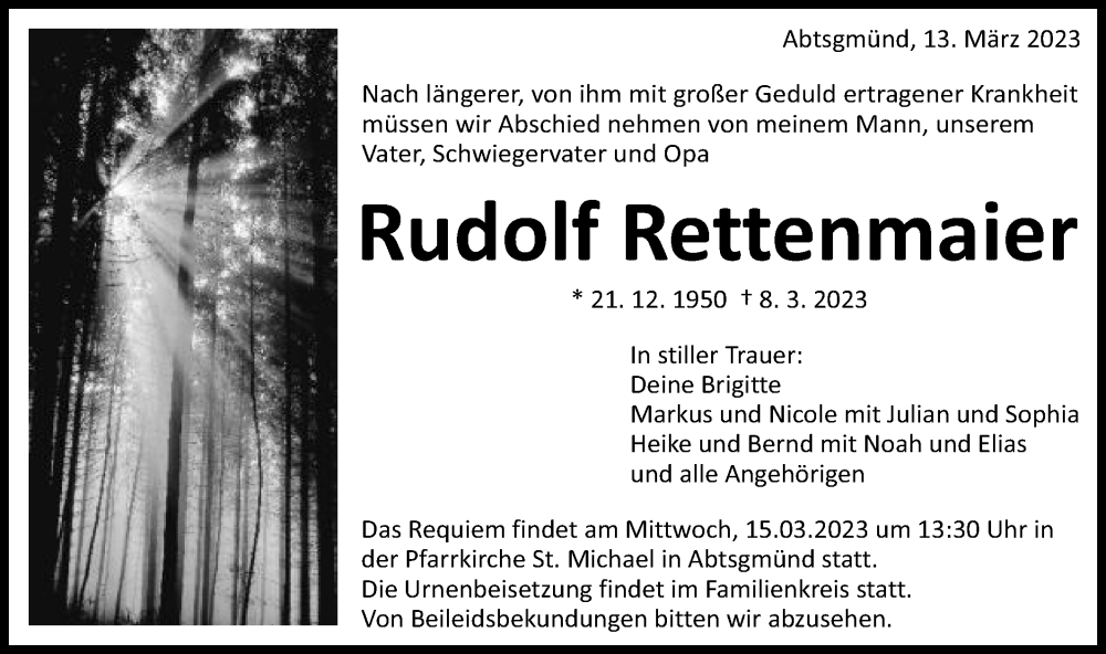  Traueranzeige für Rudolf Rettenmaier vom 13.03.2023 aus Schwäbische Post