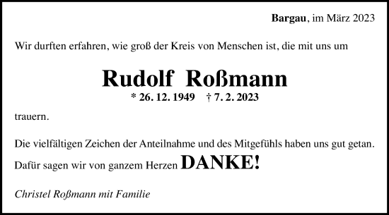 Traueranzeige von Rudolf Roßmann von Gmünder Tagespost