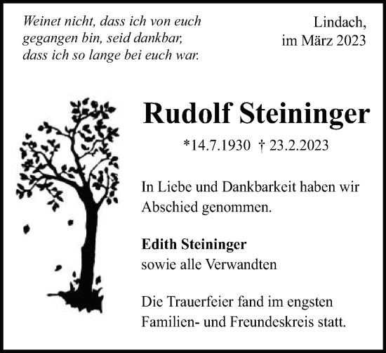 Traueranzeige von Rudolf Steininger von Gmünder Tagespost