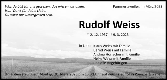 Traueranzeige von Rudolf Weiss von Schwäbische Post