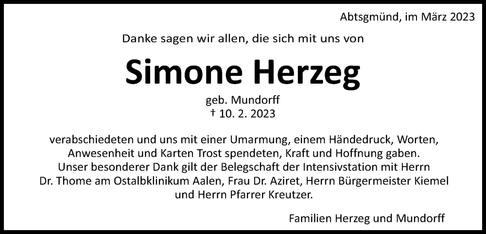  Traueranzeige für Simone Herzeg vom 11.03.2023 aus Schwäbische Post