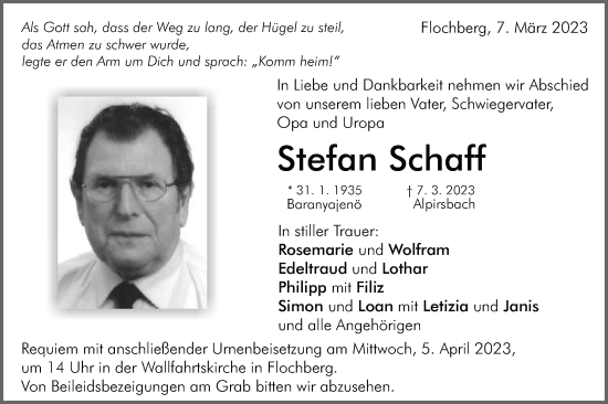 Traueranzeige von Stefan Schaff von Schwäbische Post