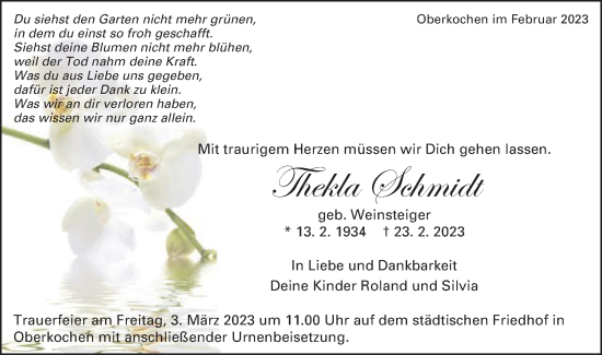 Traueranzeige von Thekla Schmidt von Schwäbische Post