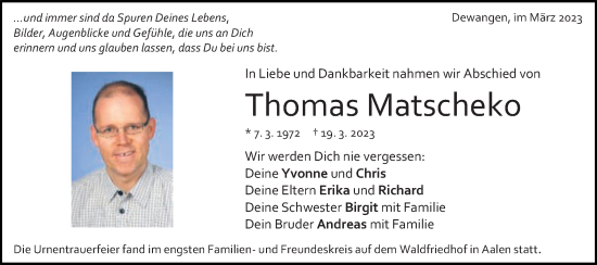 Traueranzeige von Thomas Matscheko von Schwäbische Post