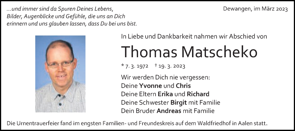  Traueranzeige für Thomas Matscheko vom 31.03.2023 aus Schwäbische Post