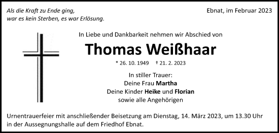 Traueranzeige von Thomas Weißhaar von Schwäbische Post