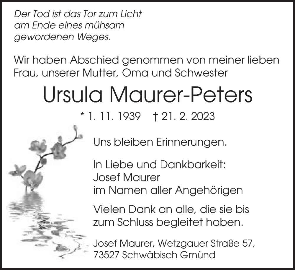  Traueranzeige für Ursula Maurer-Peters vom 03.03.2023 aus Gmünder Tagespost
