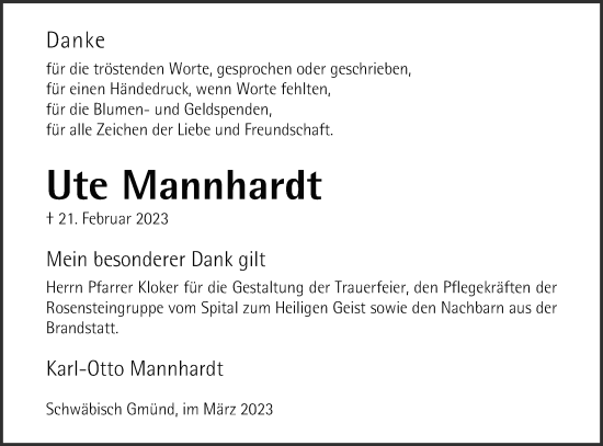 Traueranzeige von Ute Mannhardt von Gmünder Tagespost
