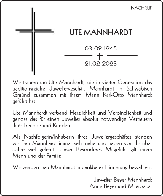 Traueranzeige von Ute Mannhardt von Gmünder Tagespost