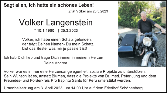Traueranzeige von Volker Langenstein von Schwäbische Post