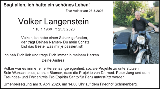 Traueranzeige von Volker Langenstein