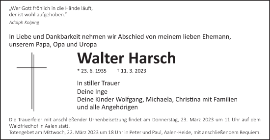 Traueranzeige von Walter Harsch von Schwäbische Post