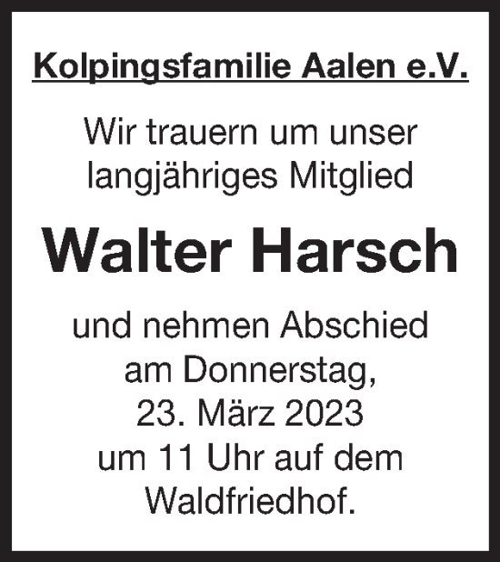 Traueranzeige von Walter Harsch von Schwäbische Post