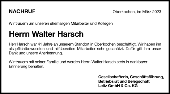 Traueranzeige von Walter Harsch von Schwäbische Post