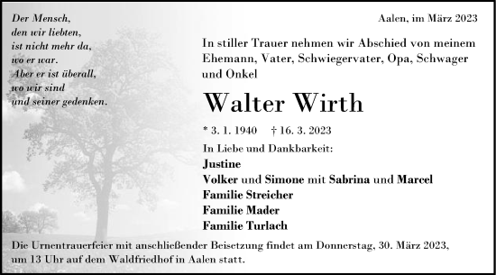 Traueranzeige von Walter Wirth von Schwäbische Post