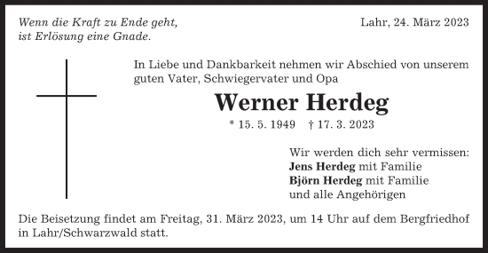 Traueranzeige von Werner Herdeg von Schwäbische Post