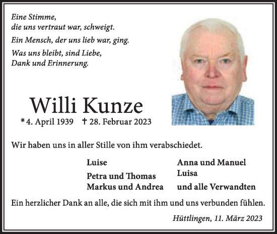 Traueranzeige von Willi Kunze von Schwäbische Post