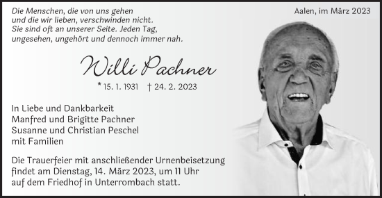 Traueranzeige von Willi Pachner von Schwäbische Post