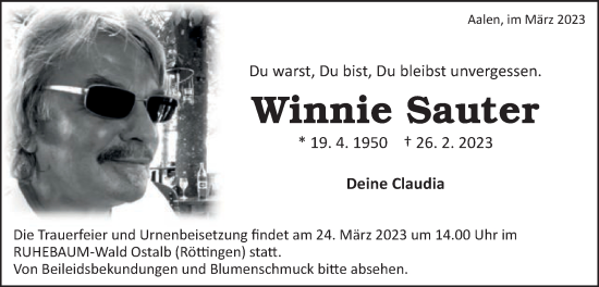 Traueranzeige von Winnie Sauter von Schwäbische Post