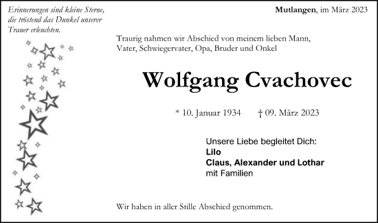 Traueranzeige von Wolfgang Cvachovec von Gmünder Tagespost