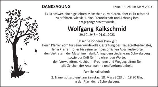 Traueranzeige von Wolfgang Kalkschmid von Schwäbische Post