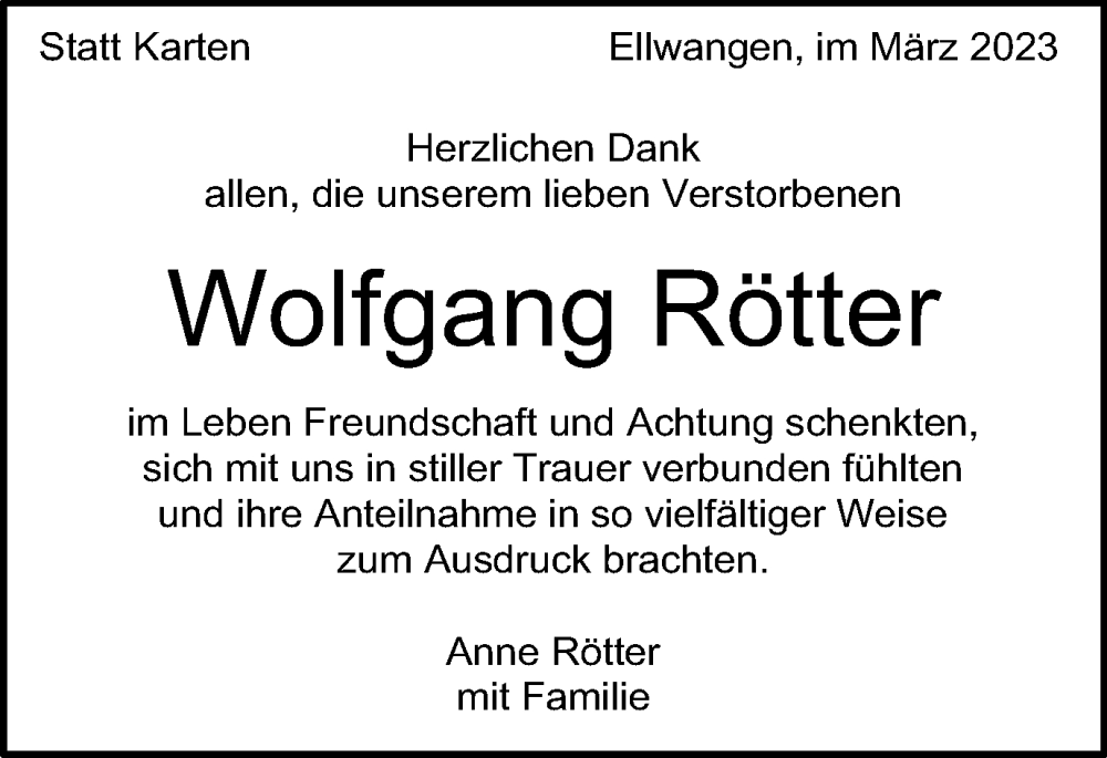  Traueranzeige für Wolfgang Rötter vom 25.03.2023 aus Schwäbische Post