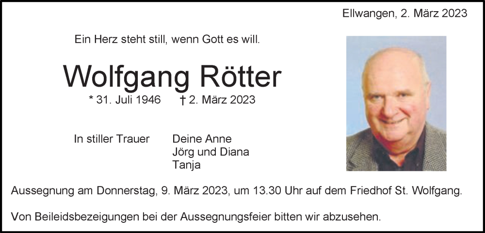  Traueranzeige für Wolfgang Rötter vom 06.03.2023 aus Schwäbische Post