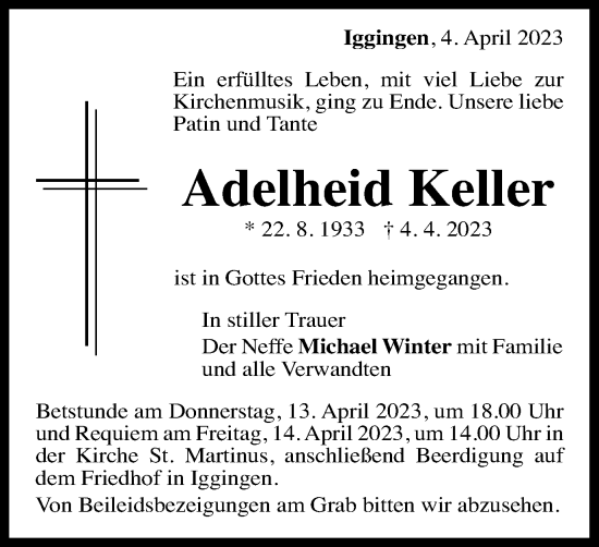 Traueranzeige von Adelheid Keller von Gmünder Tagespost