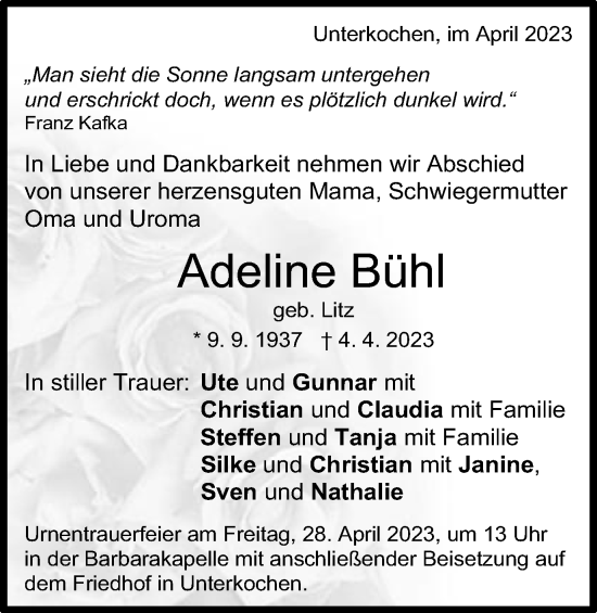 Traueranzeige von Adeline Bühl von Schwäbische Post