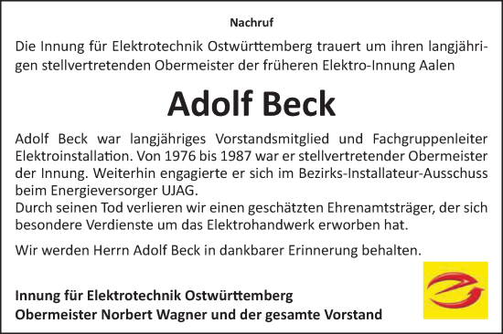 Traueranzeige von Adolf Beck von Schwäbische Post
